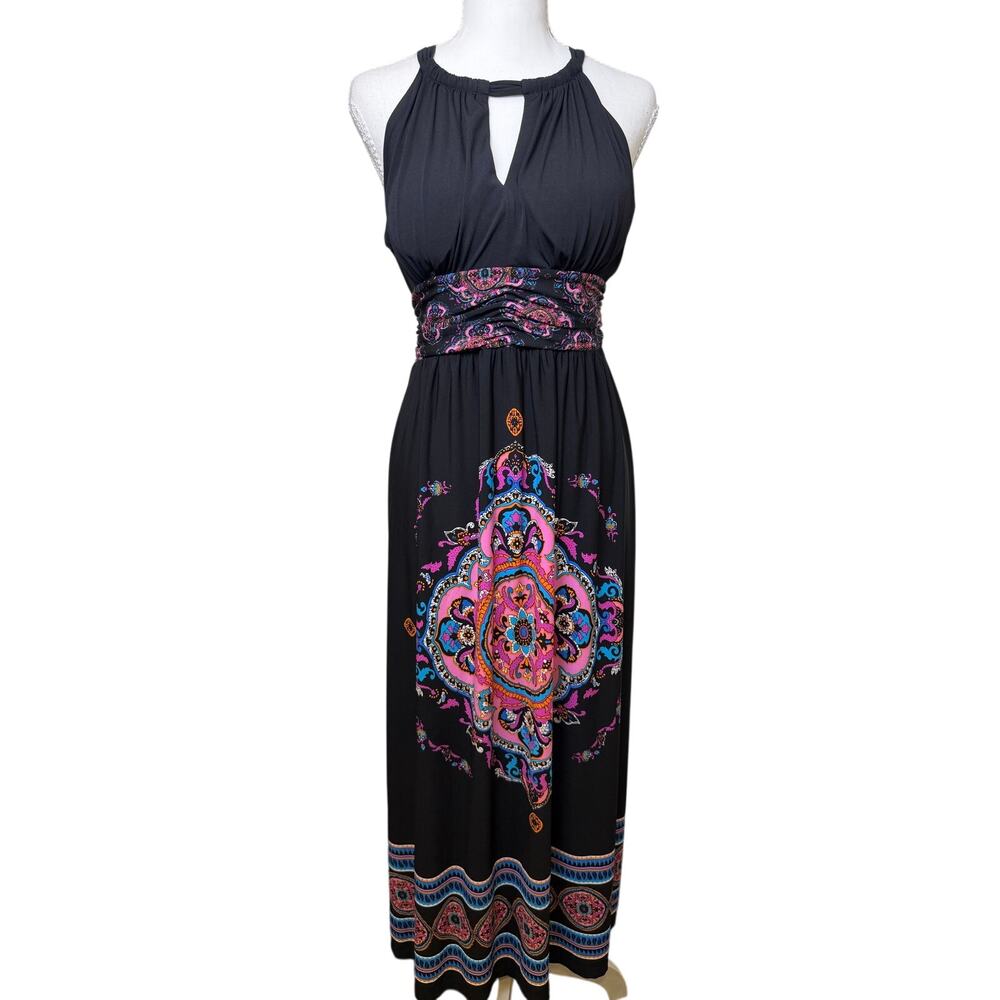 SOHO Apparel Black Paisley Halter Keyhole Tie Waist Boho Maxi Dress